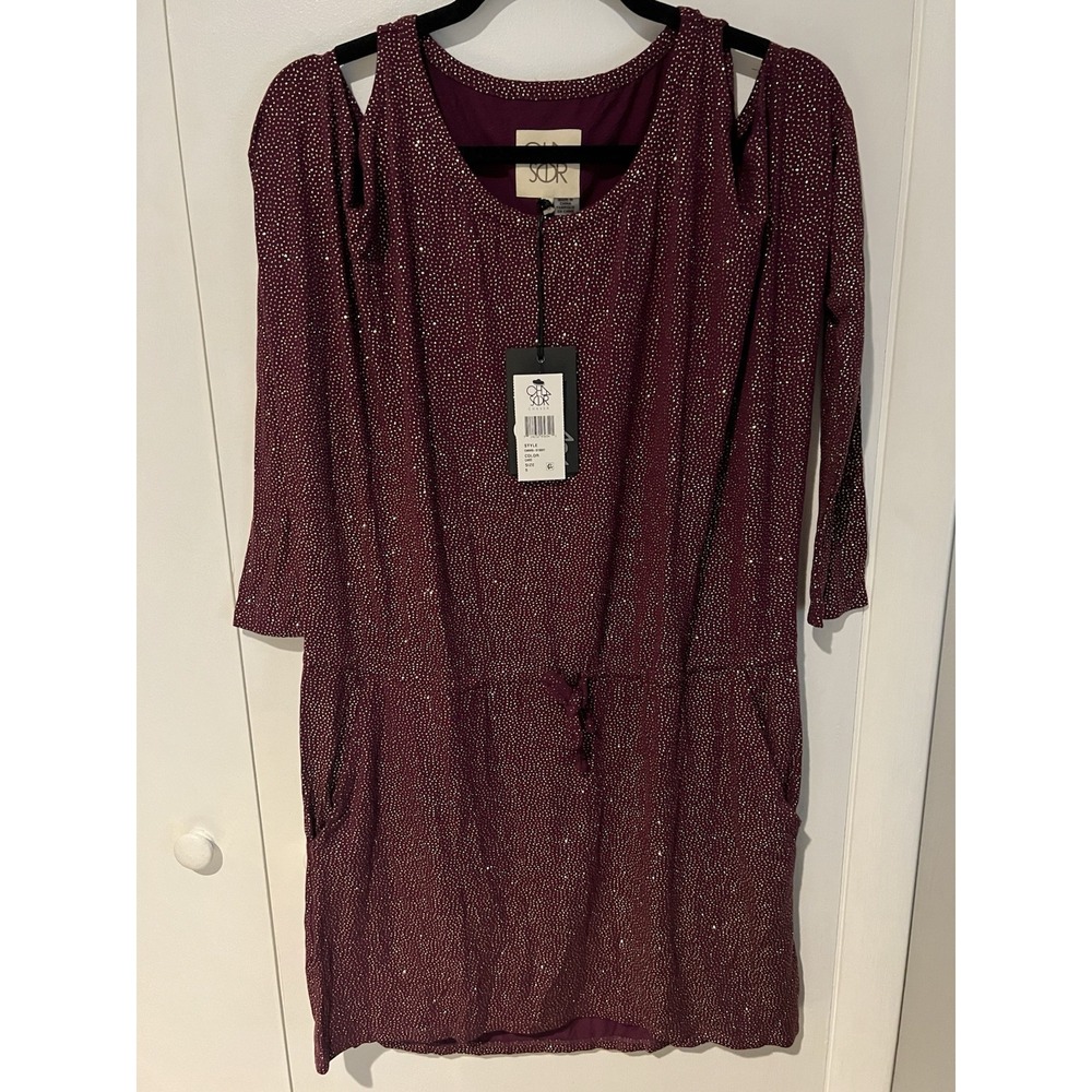 Chaser Gold Glitter Jersey Knit Cold Shoulder Mini Dress Sz S Drawstring‎ Pocket